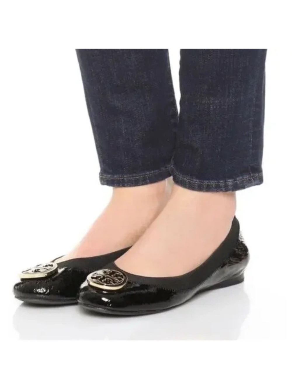 Tory Burch Black Patent Logo Ballet Flats with Gold Emblem